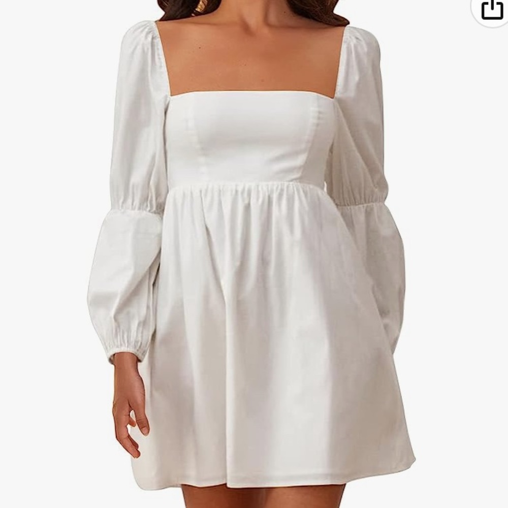 White square neck, puff sleeve dress